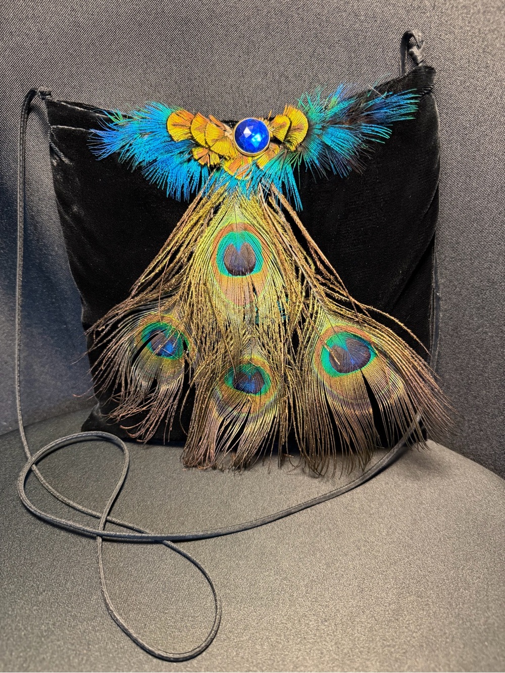 Handmade Bainbridge Island Peacock Feather Velvet Crossbody Purse